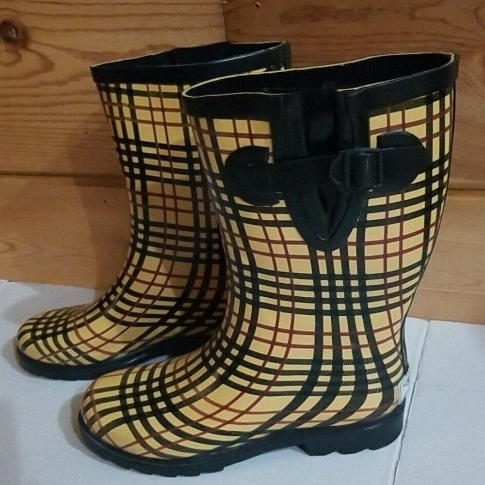 FOREVER YOUNG Women's Yellow/Red/Blk Plaid Rubber Mid-Calf Rainboots, Size 7 US